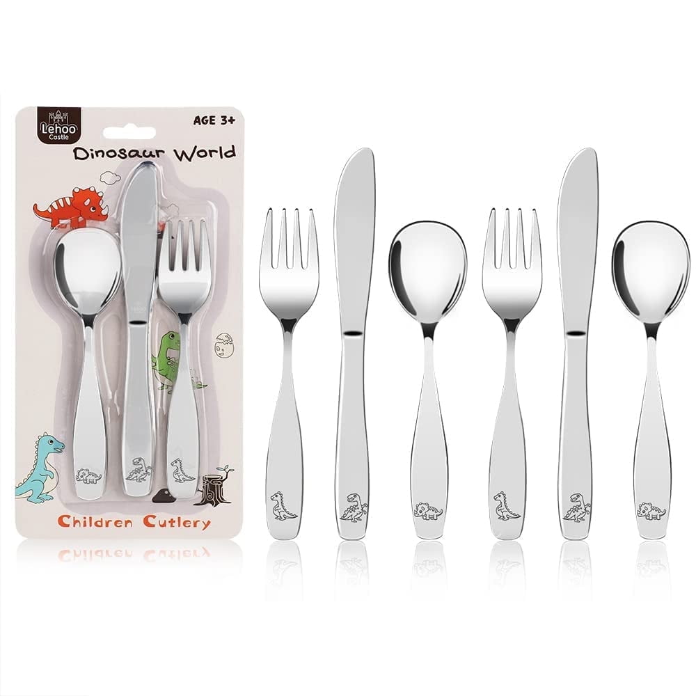 Lehoo Castle Kids Toddler Utensils Silverware Stainless Steel 6 Piece - Toddler Spoons and Forks Knife Set (Dinosaur World)