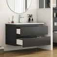 thumbnail image 4 of 32'' Wall Mounted Bathroom Vanity with Sink Combo,2 Drawers,Floating Bathroom Vanity with Rounded Drawer Fronts,Modern Wooden Cabinet with Soft Close System,Ceramic Sink,No Faucet,Black Brown, 4 of 7