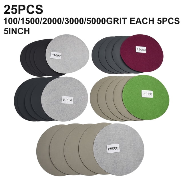 25 Pcs Disque de Ponçage Rond à Crochets et Boucles pour Papier de Verre Humide/sec 2/3/4/5/6 Pouces Papier de Ponçage 1000/1500/2000/3000/5000 Grain 5 Pouces