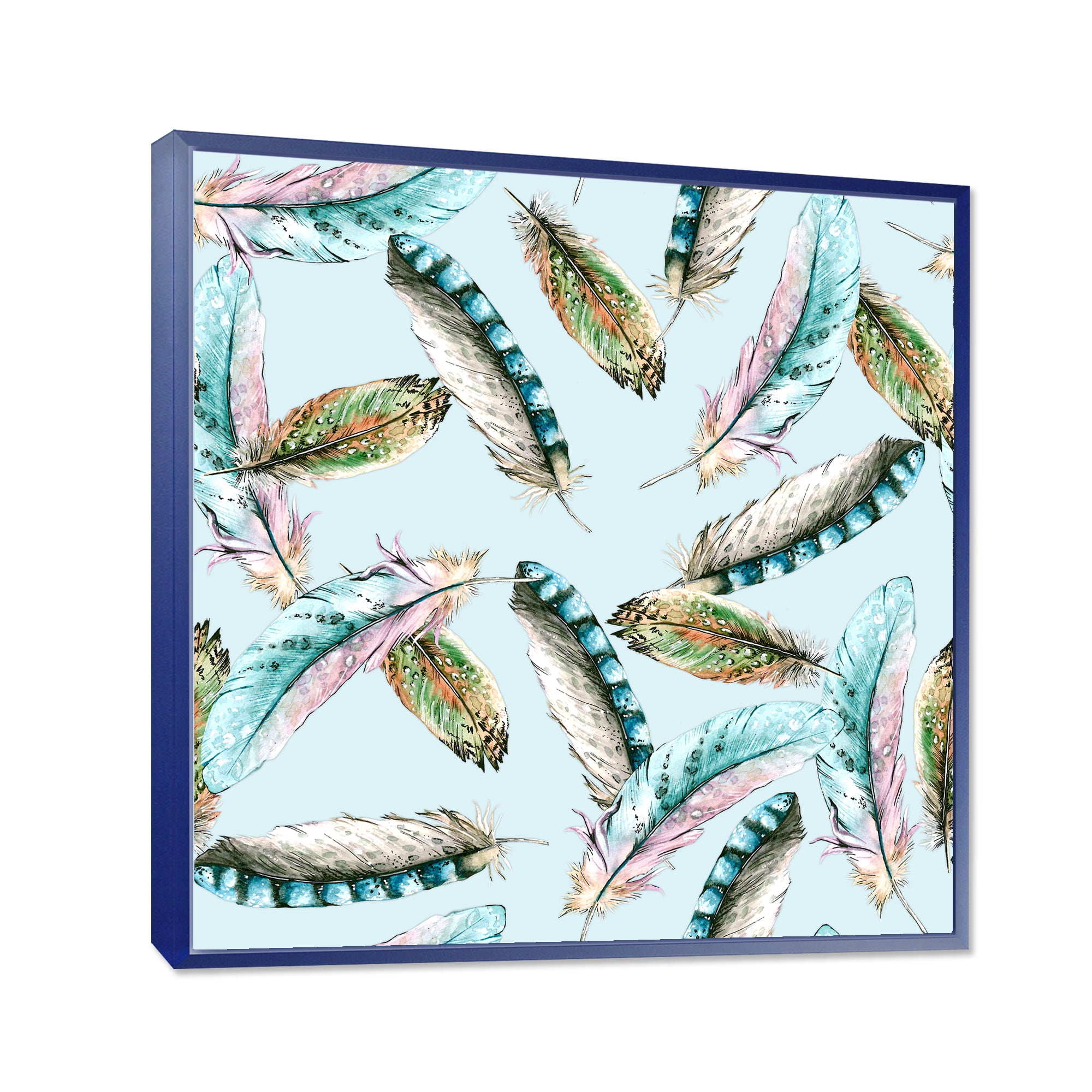 Green Bird Feathers On Blue Background 30 in x 30 in Framed Painting Canvas Art Print, by Designart