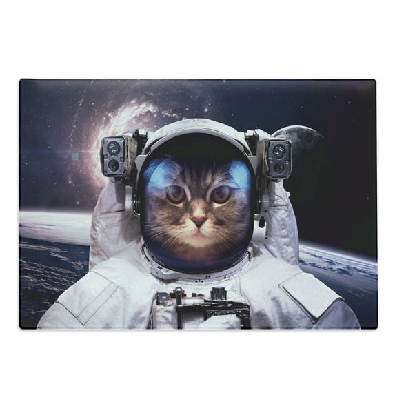 Space Cat Cutting Board, Kitten in Galaxy Outer World with Stars Cosmology Cluster Zodiac Image, Decorative Tempered Glass Cutting and Serving Board, Large Size, White and Dark Blue, by Ambesonne