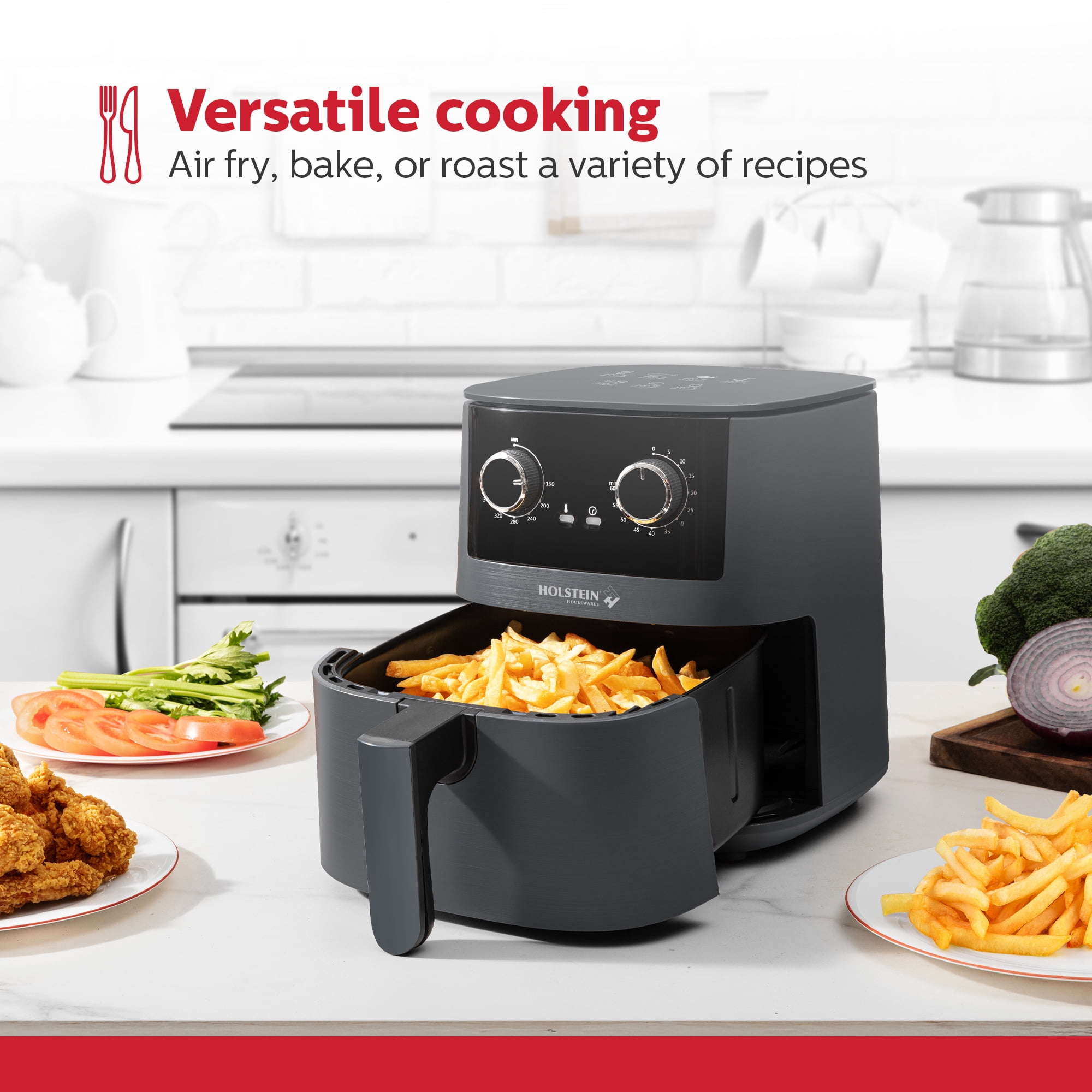 Holstein Housewares 4.4QT Air Fryer. Your All-in-One Culinary Solution. Air fry, roast, bake or grill. Adjustable temperature and time, Hot air technology and Dishwasher Safe, 1400W, Grey