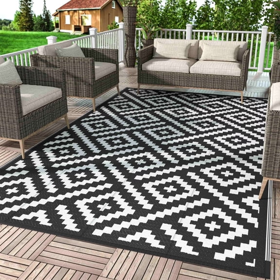 DEORAB Outdoor Rugs Waterproof Plastic Straw Mat 6'x9' Reversible for RV Patio Deck Beach Black & White