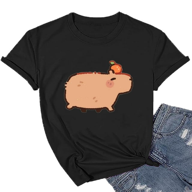 WILLBEST T-Shirts pour Dames T-Shirt Graphique Capybara Selfie Mignon Imprimé Dessin Animé Couleur