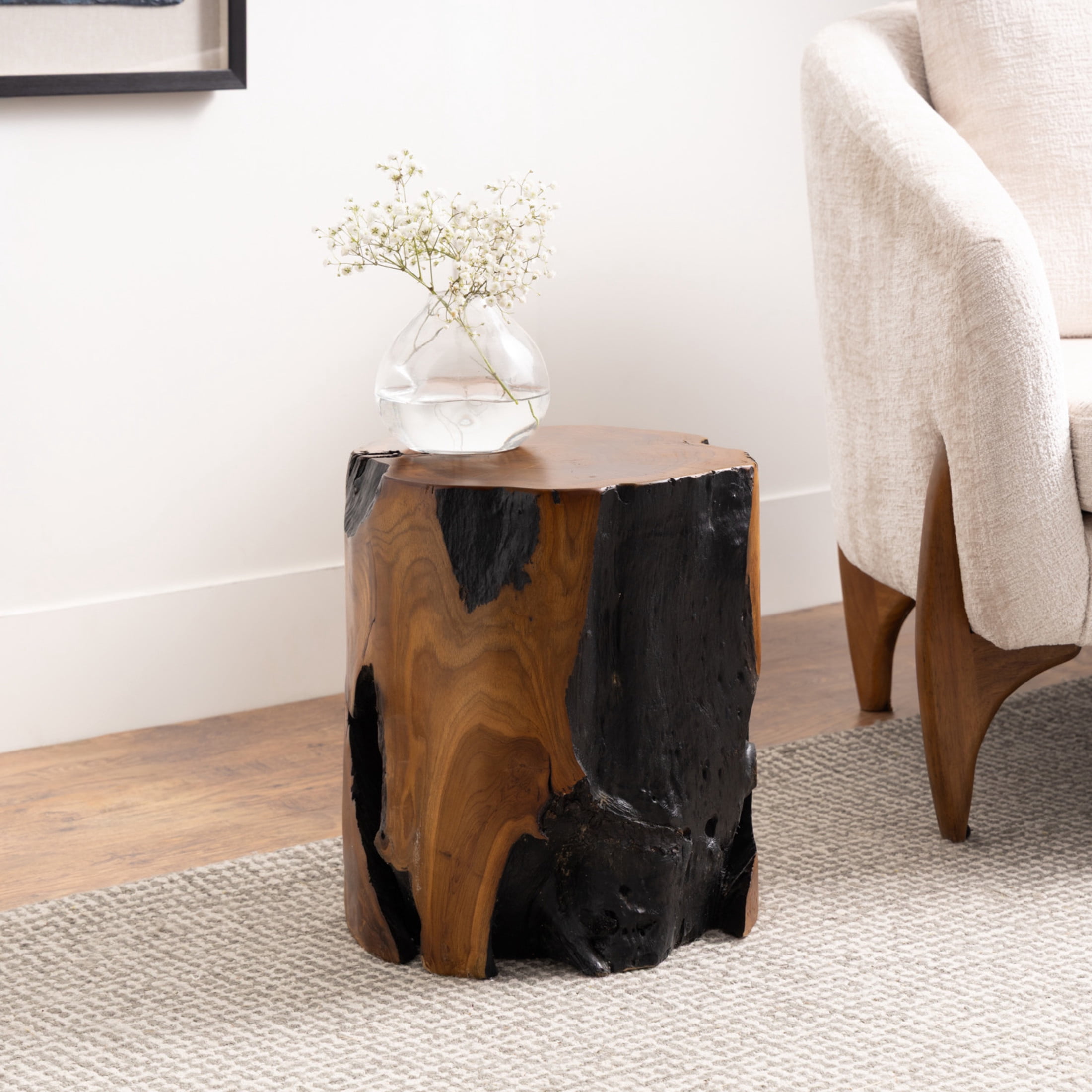 DecMode Teak Wood Handmade Live Edge Stump Stool with Charred Detailing, Brown