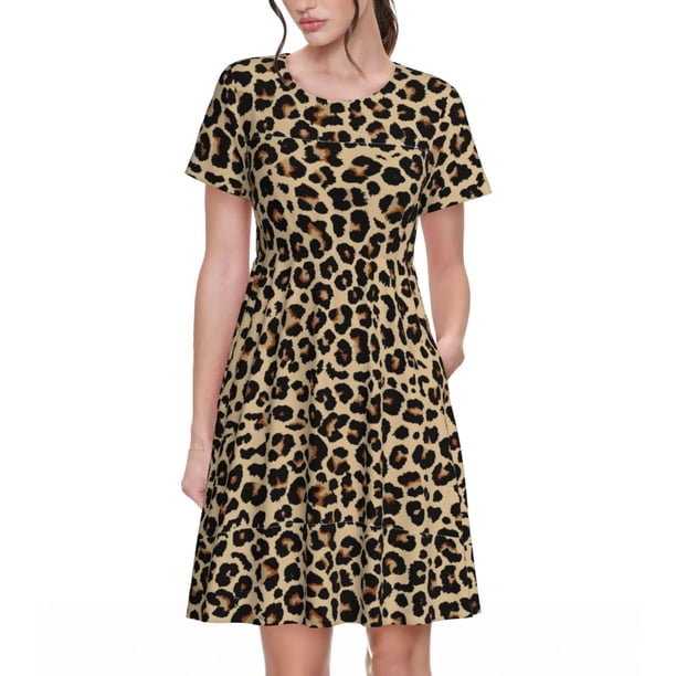 Fotbe Leopard Print-1 Vestido Largo de Moda para Mujer, Vestido Tipo Camiseta con Manga Corta y Estilo Casual a Rayas y Bloques de Color