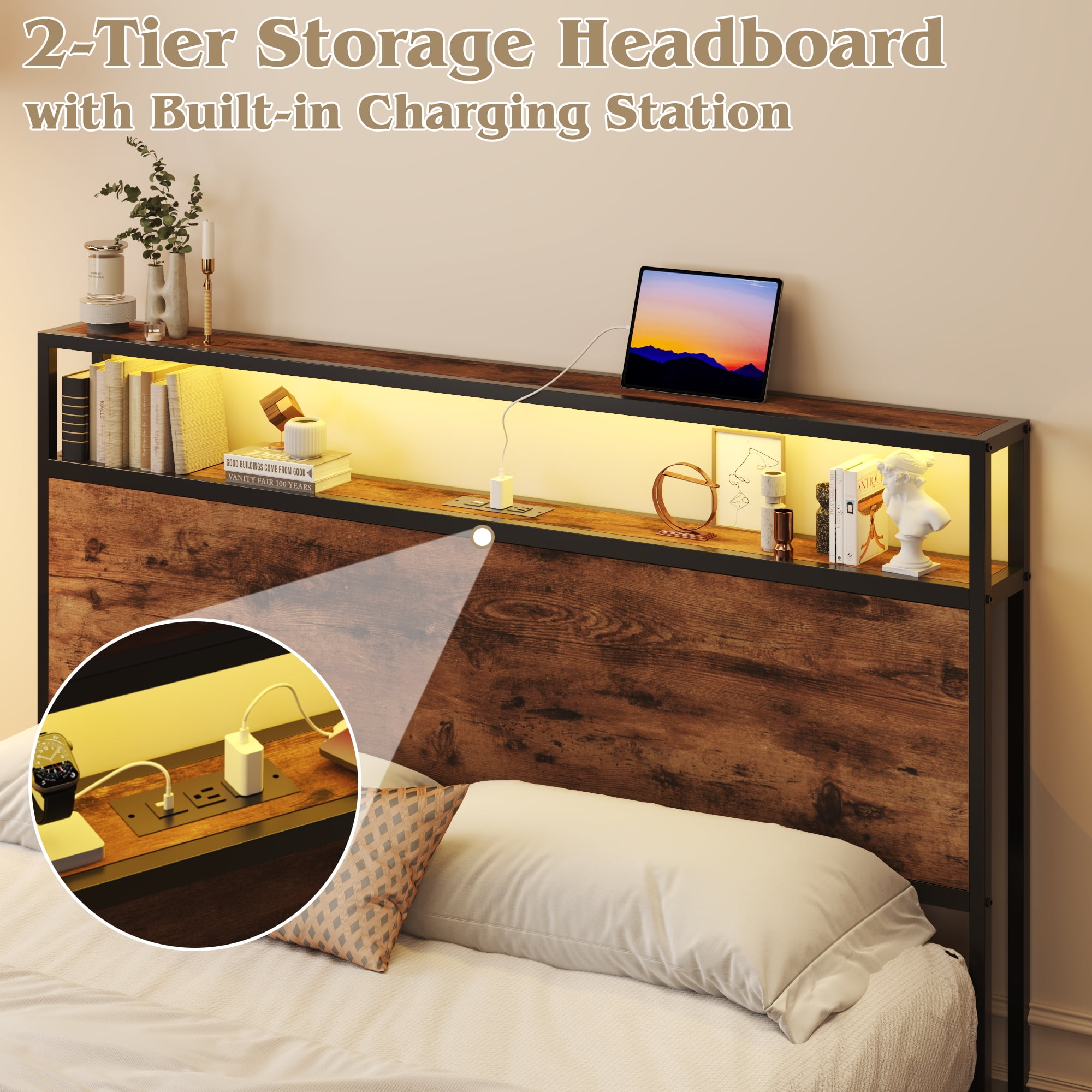 Fluest King Bed Frame with 2-Tier Storage Headboard, USB Port and LED Light, 4 Storage Drawers, Brown