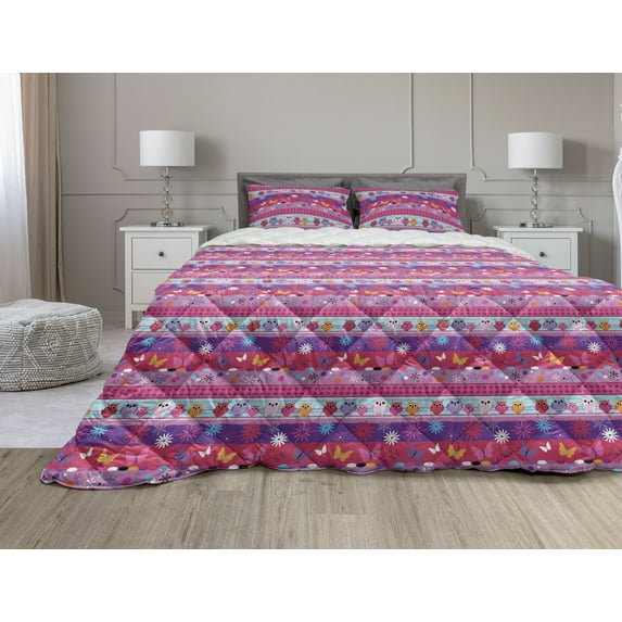 Owl Comforter & Sham Bedding Set, Striped Cartoon Style Pattern with Owls Flowers Butterflies Hearts and Snowflakes, 3 pcs Duvet Set Microfiber Filling Quilt, 5 Sizes, Multicolor, by Ambesonne