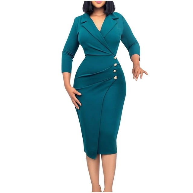 cfhntfmh Robes Formelles pour Femmes à Manches Longues à Revers Robe de Tailleur Midi Couleur Unie Élégante Moulante Crayon Robe de Travail