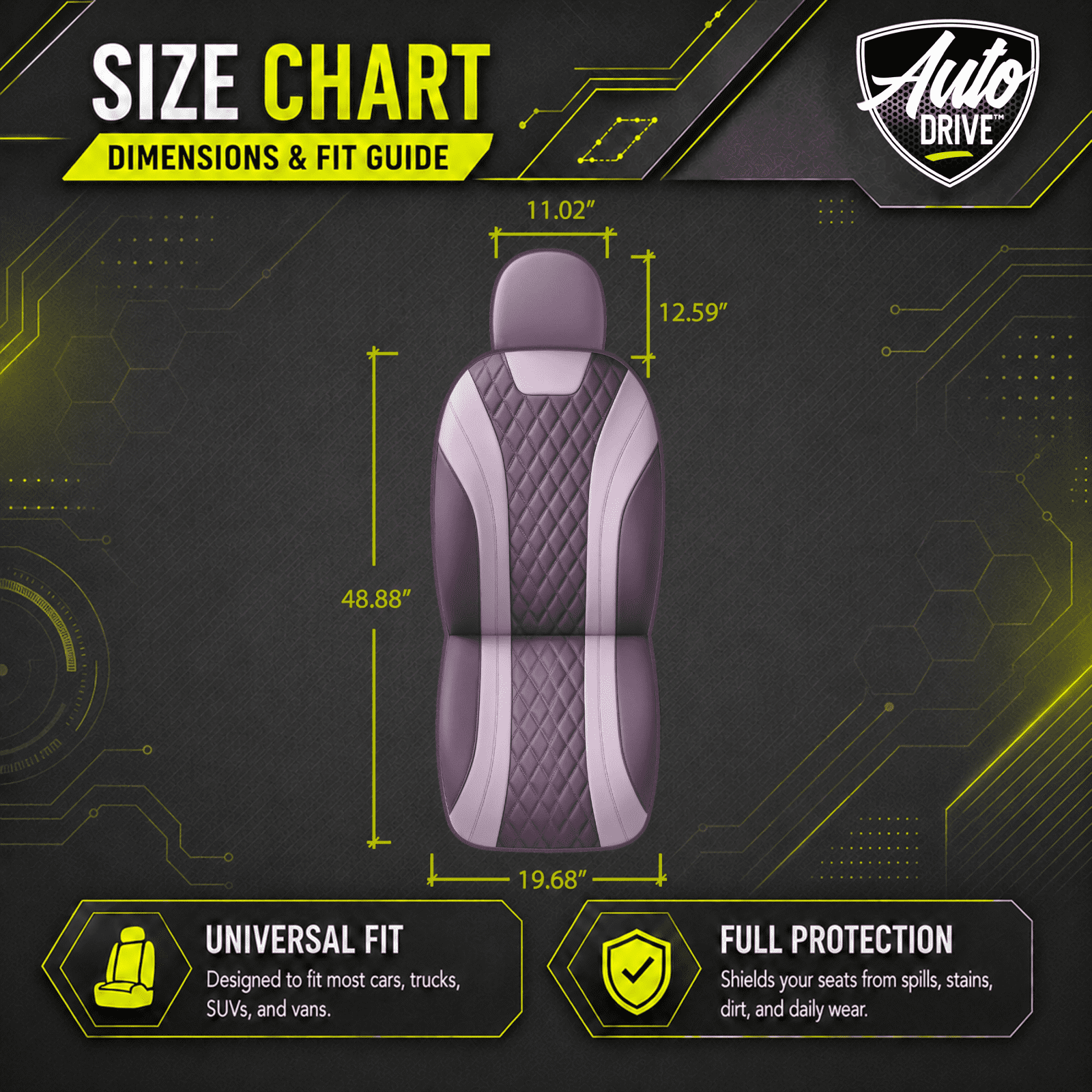 Auto Drive Car Seat Covers, Diamond Quilted Two-Tone Car Seat Covers Set, Universal Fit for Two Front Seats, Airbag Compatible for Cars, SUVs and Trucks Purple Front Seat