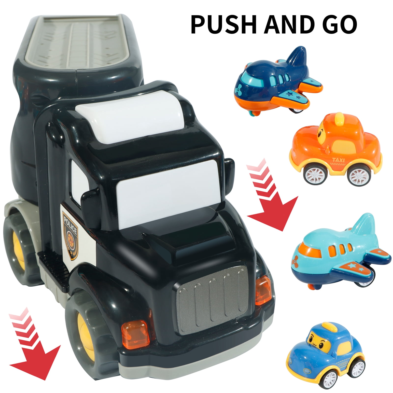 Truck Toys for 3 4 5 6 Years Old Boys Girls - 5 in 1 Carrier Cartoon Shape Transport for Toddlers 1-3, Friction Power Vehicles for Kids 3-5, Christmas New Year Birthday Gifts - Age 3-9, Black
