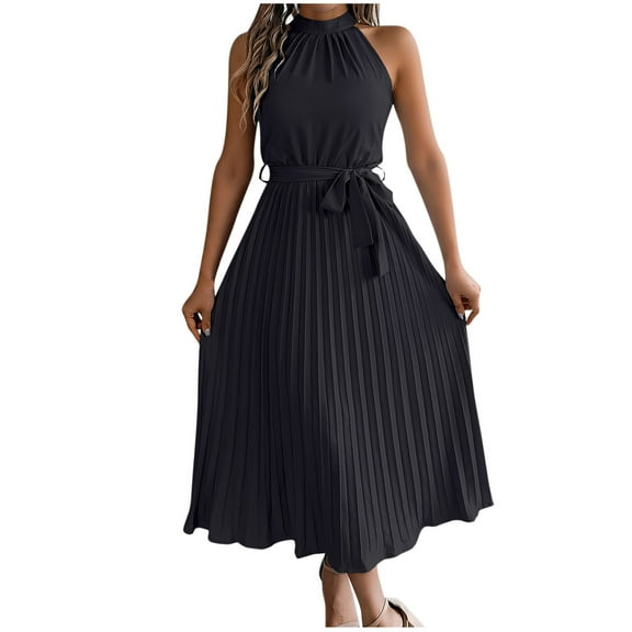 Women's Sleeveless Halter Neck Pleated Midi Cocktail Dresses A Line Flowy Beach Maxi Dress with Belt