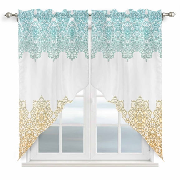 Teal Yellow Boho Kitchen Window Curtains, Swag Curtains Valance for Bedroom Living Room Bathroom, Vintage Ethnic Tribe Abstract Art Rod Pocket Window Treatment Curtain Block Drapes 2 Panels 36"x63"