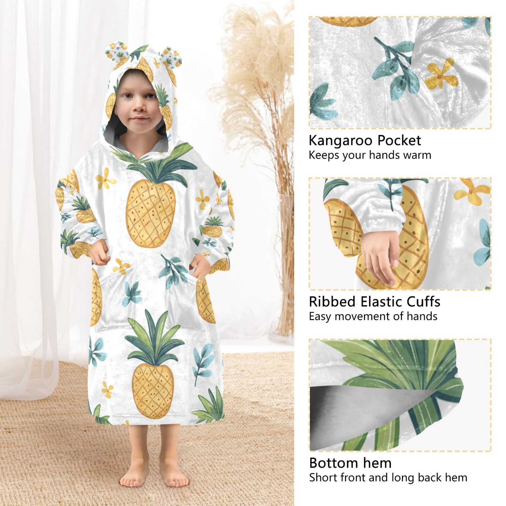 FORMRS Wearable Blanket Hoodie with Sleeves for Kids Cozy Flannel Sweatshirt, Pineapple