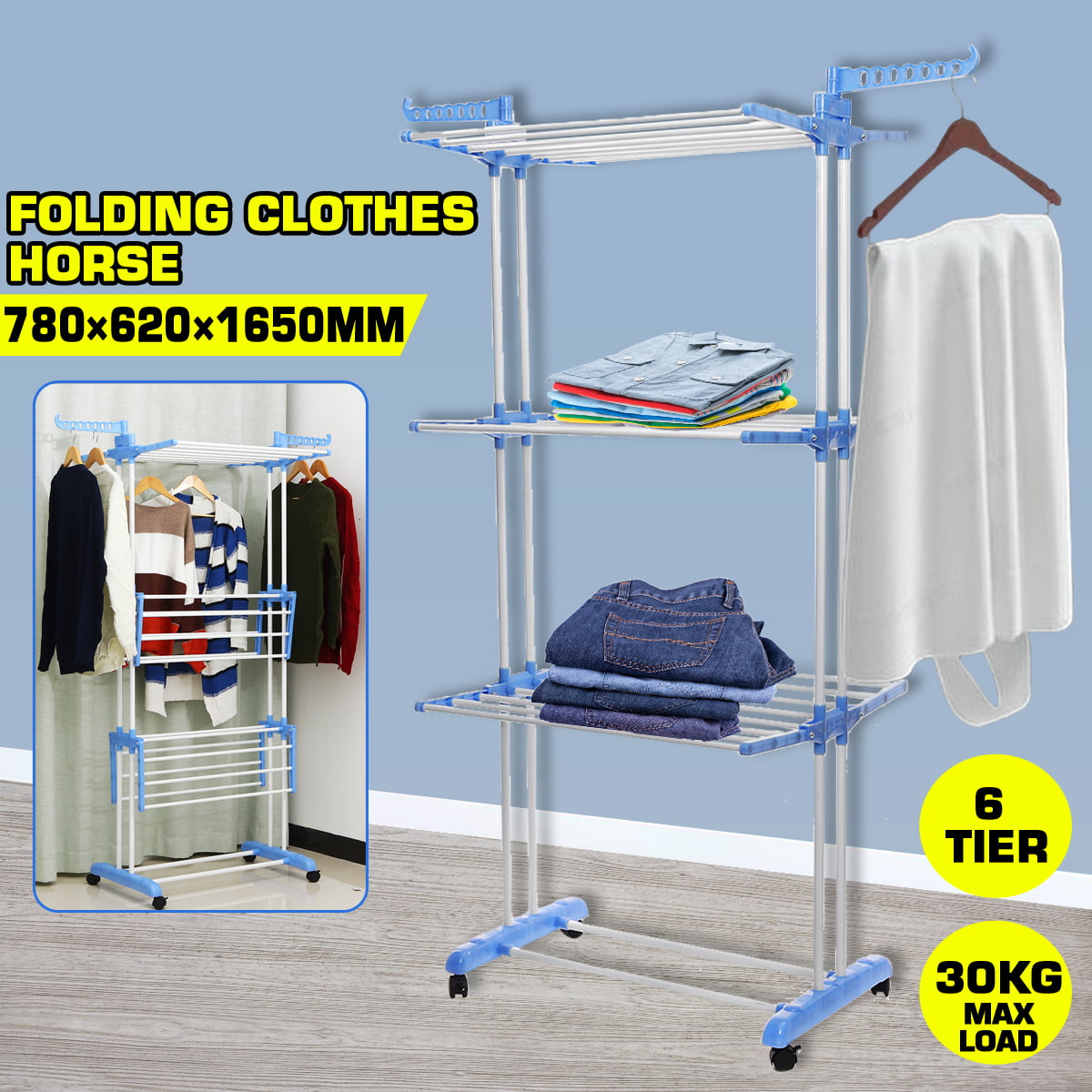 3 Tier Clothes Dryer Rack, Foldable Towel Laundry Drying Hanger Airer Compact Storage Steel