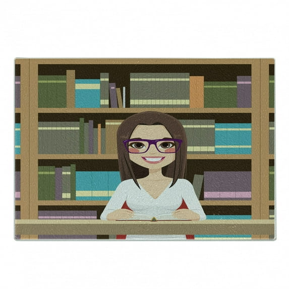 Geek Cutting Board, Happy Student Girl in Library Studying Reading a Textbook Themed Digital Image Print, Decorative Tempered Glass Cutting and Serving Board, Small Size, Multicolor, by Ambesonne