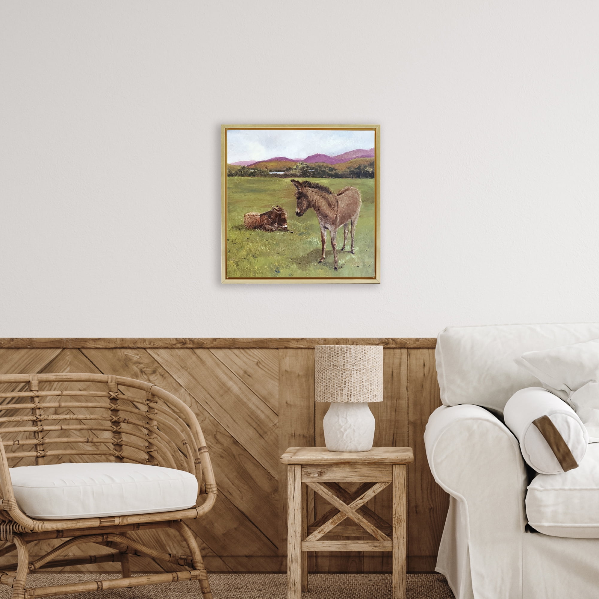 Donkey Duo in Pasture Gold Framed Floater Canvas Wall Art, design by Patricia Reynolds