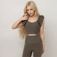 thumbnail image 3 of Women's Ribbed Scoop Neck Crop Top with Flutter Shoulder Details and Seamless Fitted Design - Small, Khaki, 3 of 5