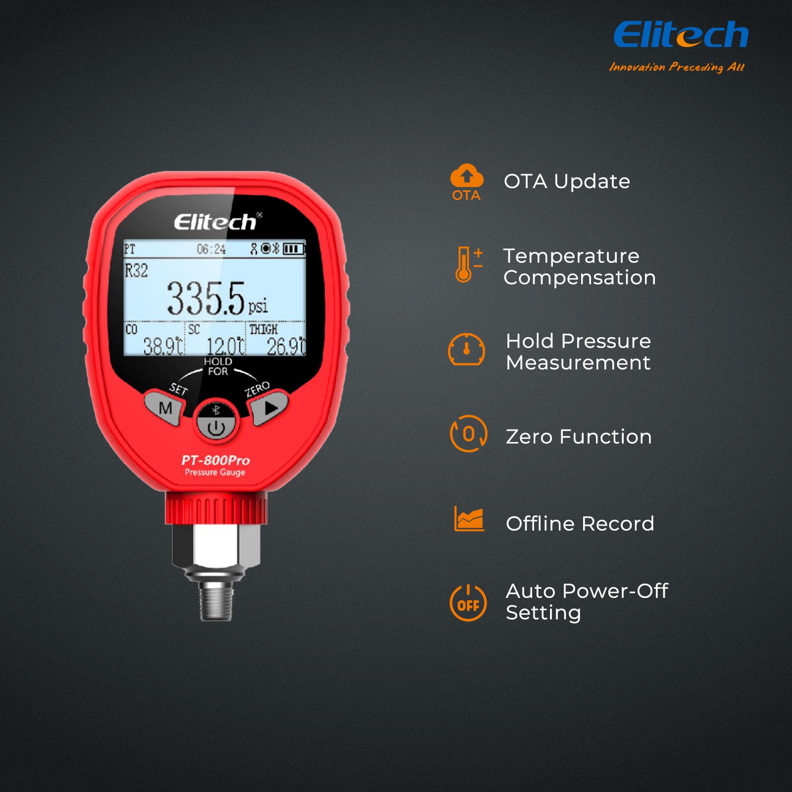 Elitech PT-800Pro Digital Pressure Gauge – High Pressure HVAC Refrigeration Manifold Gauge with Bluetooth, Temperature Clamp, and Leak Detection