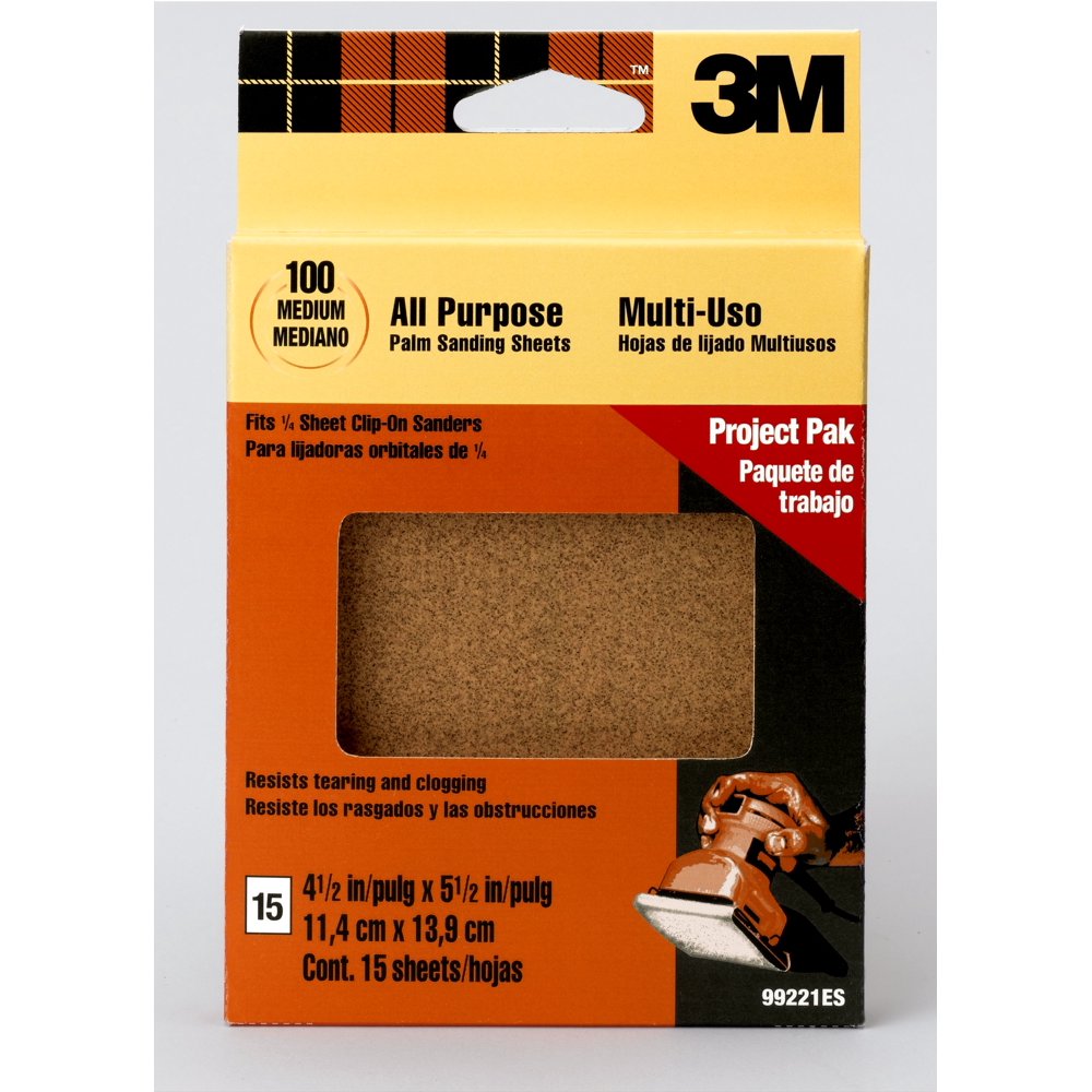 3M ClipOn Palm Sander Sheets, 4.5 in. x 5.5 in., 100/Medium Grit, 15/Pack