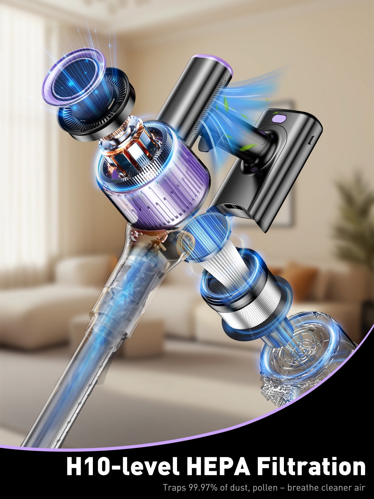 Cordless Vacuum Cleaner, 40Kpa Stick Vacuum with Powerful Suction, Hose, Green LED Light, Anti-Tangle Brush, Lightweight Rechargeable Vacuum Cleaner for Home, Hardwood Floors, Carpets,Purple