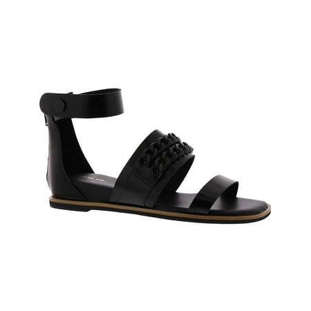 

All Black Womens Double Chain Link Leather Flat Ankle Strap