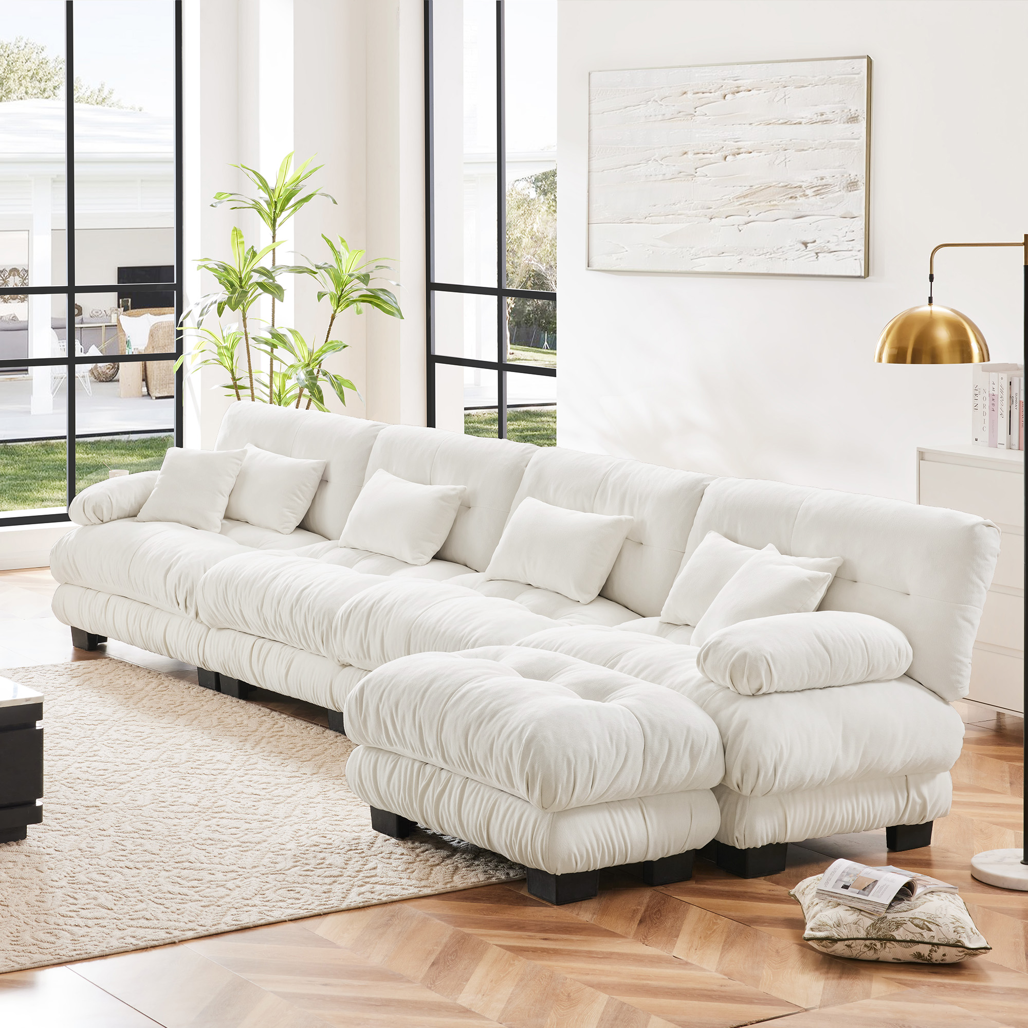 Gewnee Luxury 173.2" Modular L Shaped Sectional Sofa, Oversized Deep Seat Cloud Couch with Movable Ottoman, Lumbar Pillows & Throw Pillows, Chenille Sofa for Living Room, White