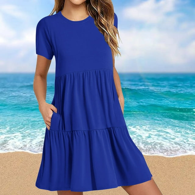 DecSea Robe Col Rond Longueur Genou pour Femmes avec Poches Décontractée Été Manches Courtes Plissée Ourlet à Volants Robe Courte