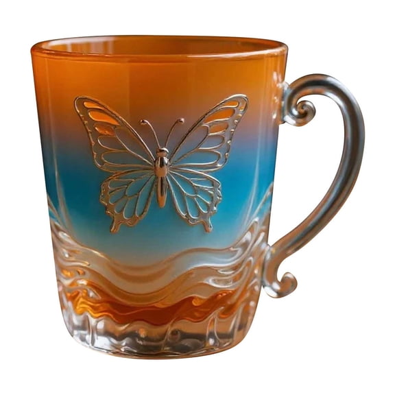 HaoXun Elegant Butterfly Glass Mug - Yellow 15oz Glass Cup with Sophisticated Design for Coffee, Tea, Hot Cocoa, Dishwasher and Microwave Safe, Perfect Gift for Birthdays, Holidays, Home Use