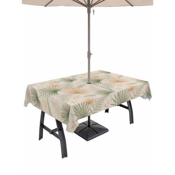 Outdoor Tablecloth with Umbrella Hole for Patio/Picnic/Party/Camping, Orange Sage Green Palm Leaves Waterproof Table Cloth Rectangle Table Cover Washable, Farmhouse Summer Botanical (52"x 70")