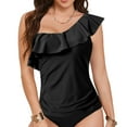 thumbnail image 2 of KAPRIOY One Shoulder Tankini Tops for Women Ruched Bathing Suits Tummy Control Adjustable Swimsuit Only No Bottom Padded (XXL, Black ), 2 of 6