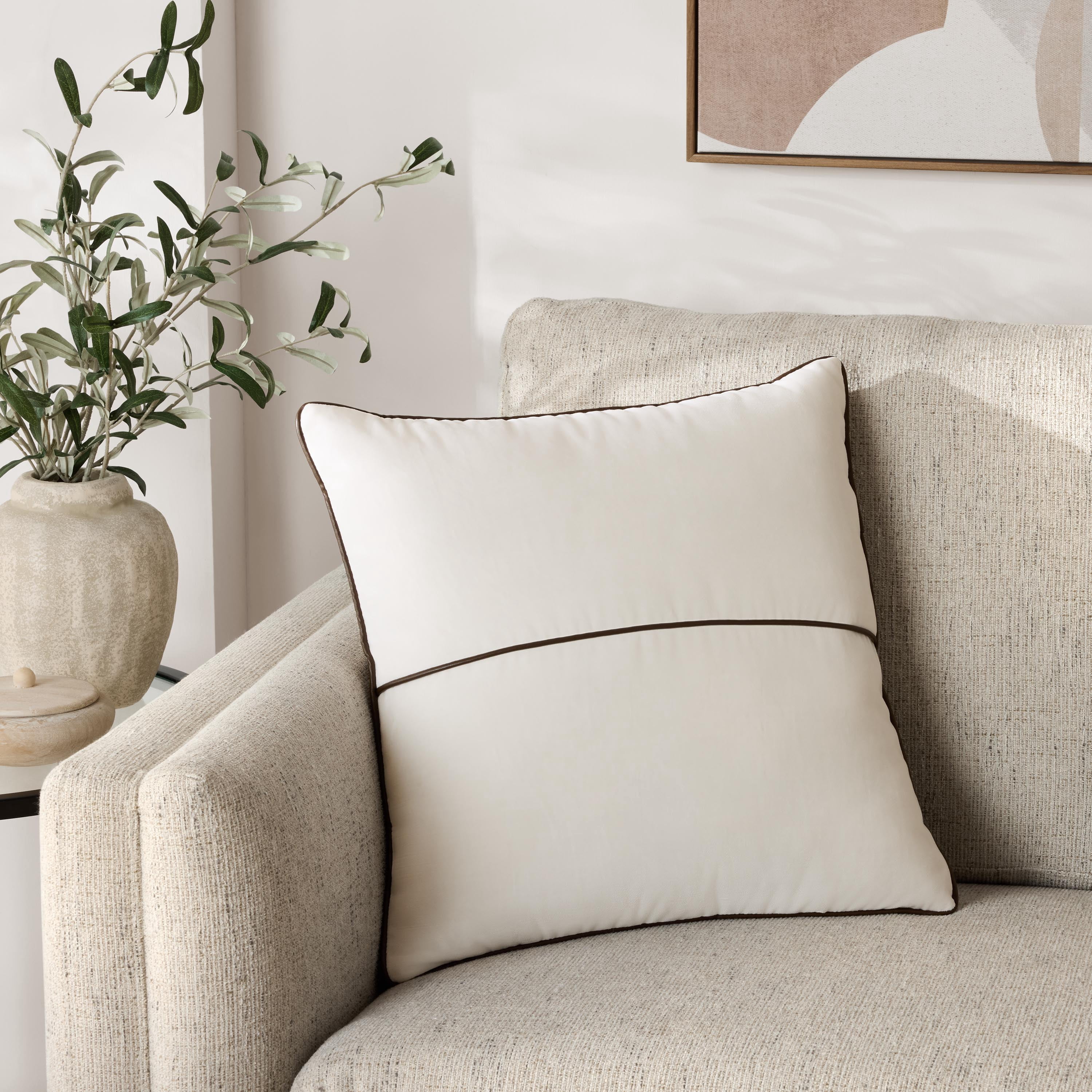 Mainstays 18 x 18 Vanilla Dream Velvet Decorative Pillow Cover with Faux Leather Trim, 100% Polyester