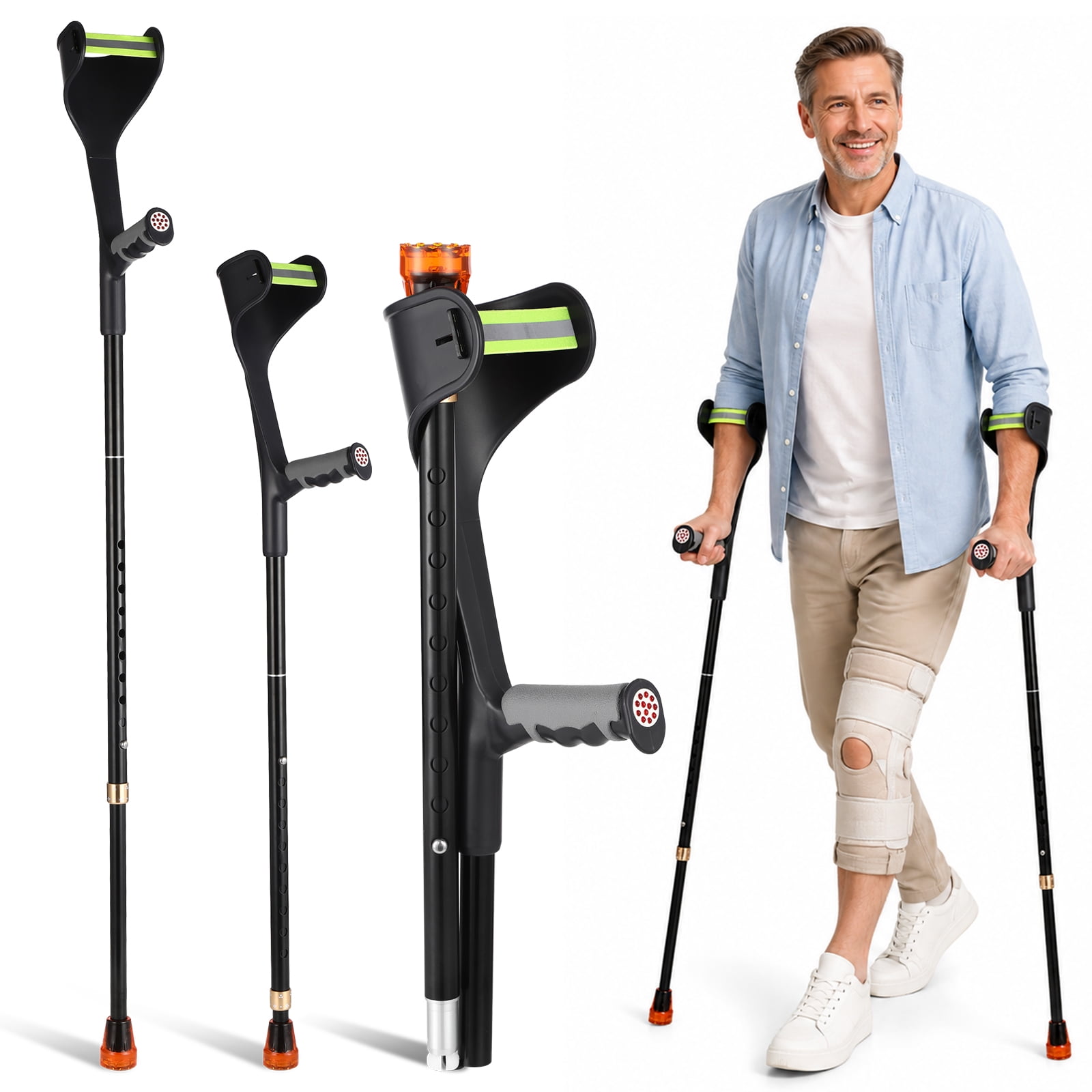 2 PCS Forearm Crutches for Adults, Folding Lightweight 10-Level Adjustable Aluminum Alloy Walking Crutches with Comfortable Grips & Cuffs, Reflective Safety, Anti-Slip Foot Pad, 330 LBS