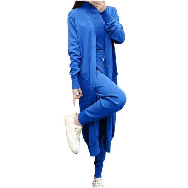 Timegard 3 Piece Knitted Outfits for Women Open Front Cardigans with Pockets Turtle Neck Sleeveless Sweater Drawstring Pants Sets