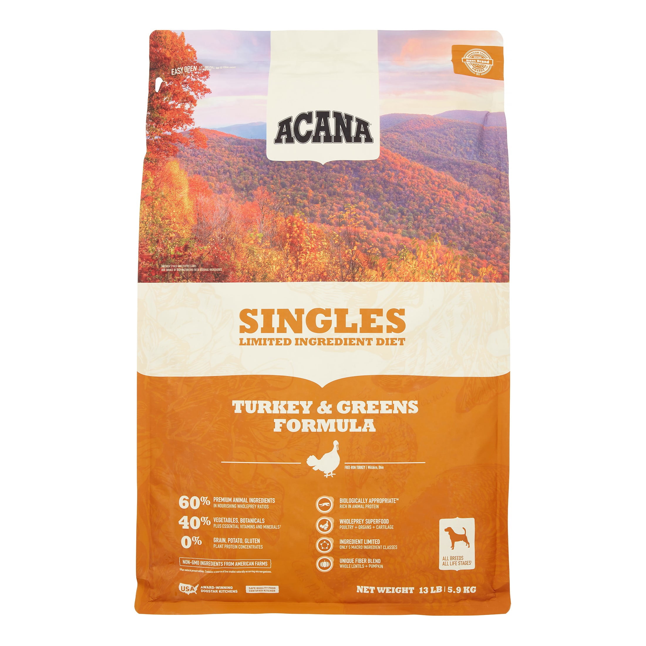 Acana Singles GrainFree Turkey and Greens Dry Dog Food, 13 lb