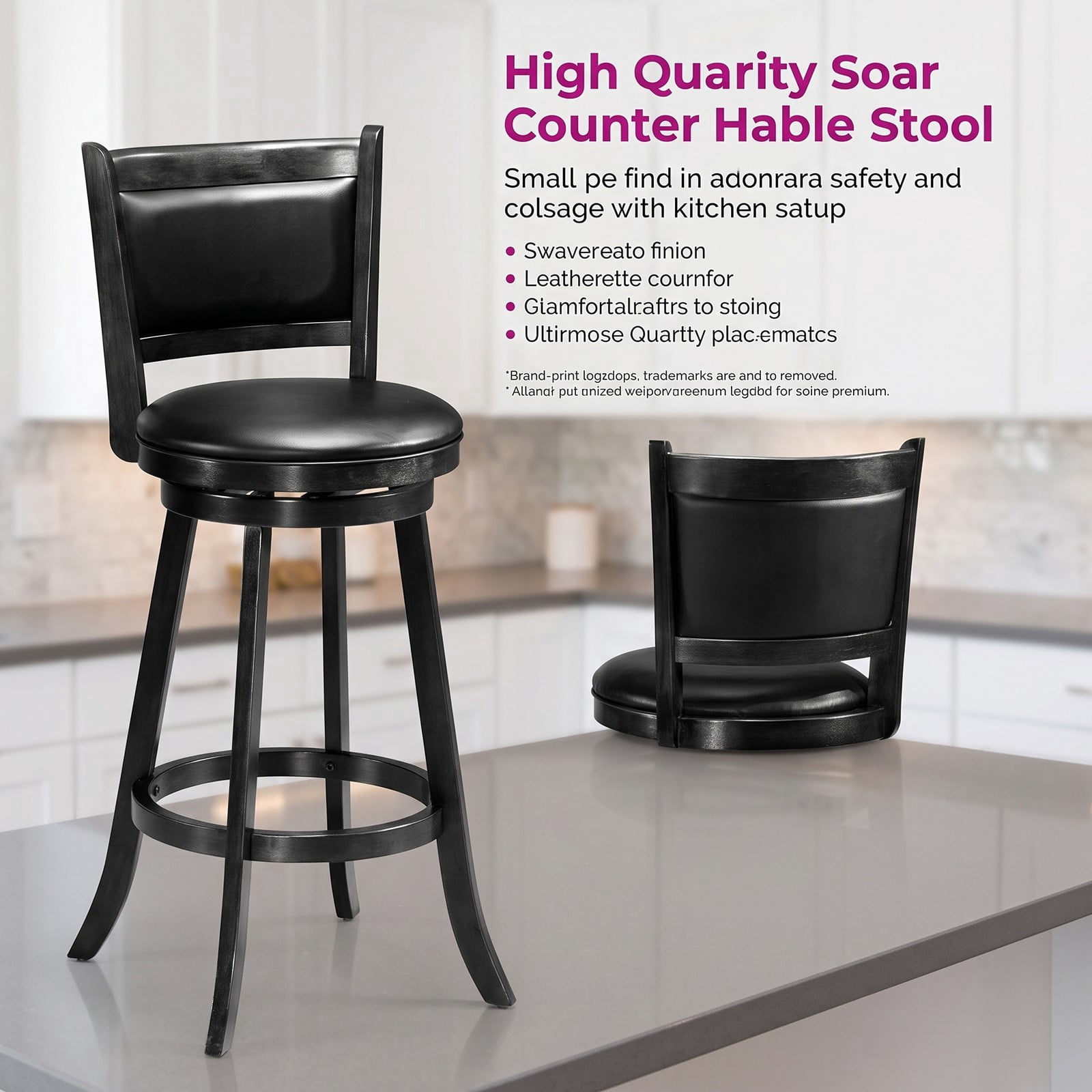 Furnibear Set of 2 29 Inch Swivel Bar Stools, Wood Counter Height Barstools with PVC Cushioned Seat and Panel Back for Kitchen Island Dining, Black
