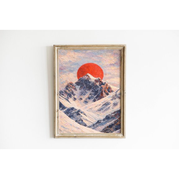Red Sun Alpine Snow Peak Landscape Wall Art Decor Unframed Paper Print