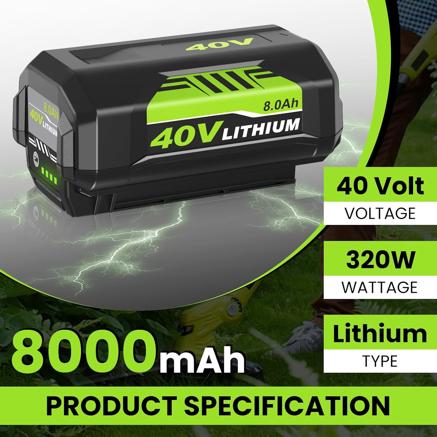 Upgraded 1 Pack 8000mAh Lithium-ion Battery Replacement for Ryobi 40V Battery OP4075A OP40601 OP40602 OP4060A OP4040 OP40401 OP40501 OP4050A
