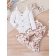 thumbnail image 2 of Infant Baby Girls 3 Piece Outfits Ribbed Long Sleeve Romper and Flared Pants Headband Set, 2 of 9