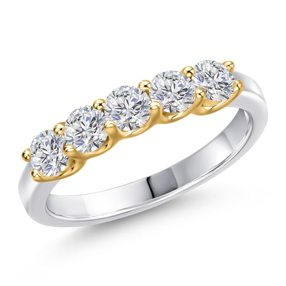 Gem Stone King 925 Silver and 10K Yellow Gold Lab Grown Diamond 5-Stone Wedding Engagement Anniversary Promise Ring for Women | 0.85 Cttw | Round 3.5MM | DEF Color | VVS-VS Clarity (Size 8)