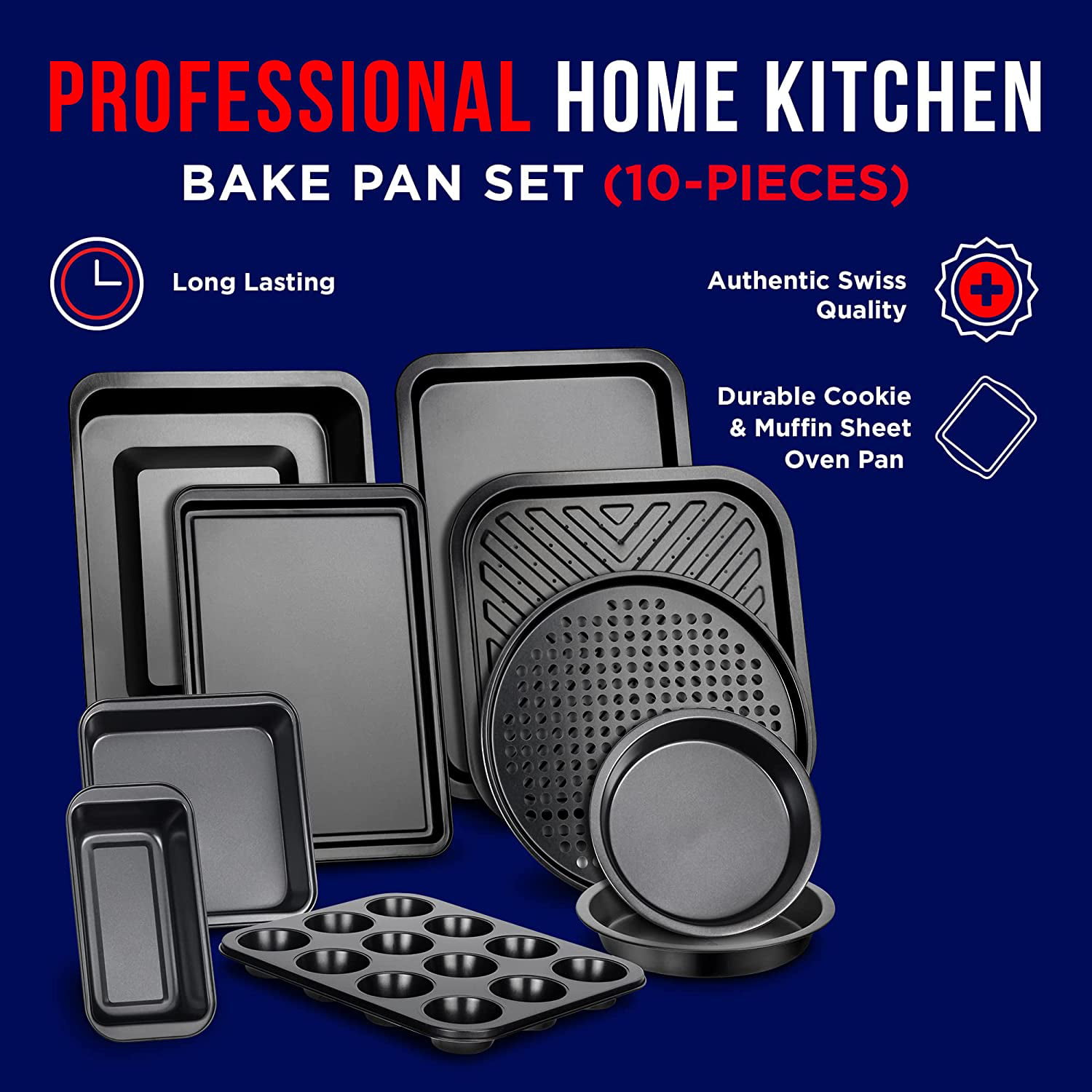 Baking Pan Set – 3 Piece Cookie Sheet – Deluxe Black Non-Stick Carbon Steel  – Silicone Handles – Commercial Grade Restaurant Quality – PFOA PFOS and