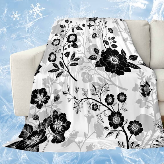 Vintage Flowers Cooling Blanket,Lightweight Breathable Summer Throw Blanket with Double Sided Cold Effect,Black White Farmhouse Floral Plants Picnic Blankets Bed Sheet for Hot Sleepers 40"x60"