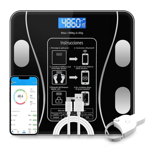 Bascula Digital Corporal, Escala de Grasa Inteligente con Pantalla LCD, Bluetooth 4.0, Capacidad de Carga 180 , Recargable USB, 20 Indicres, para Medir Peso, Grasa Corporal y Muscular