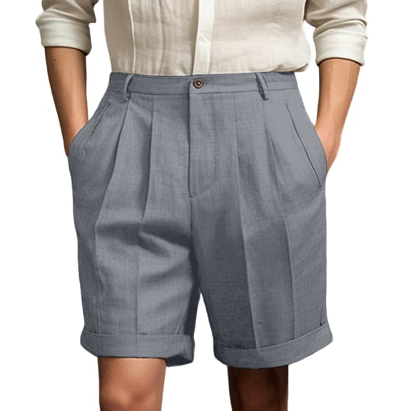 Dwelliawo Men's Cotton Linen Shorts Pleat-Front Straight Leg with Pockets Shorts Casual Beach Pants Cotton Linen Elastic Waist Classic Gray S