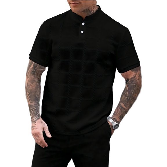 Mens Casual Henley Shirt Short Sleeve Golf Shirts Textured Summer Vacation Tops,Black L