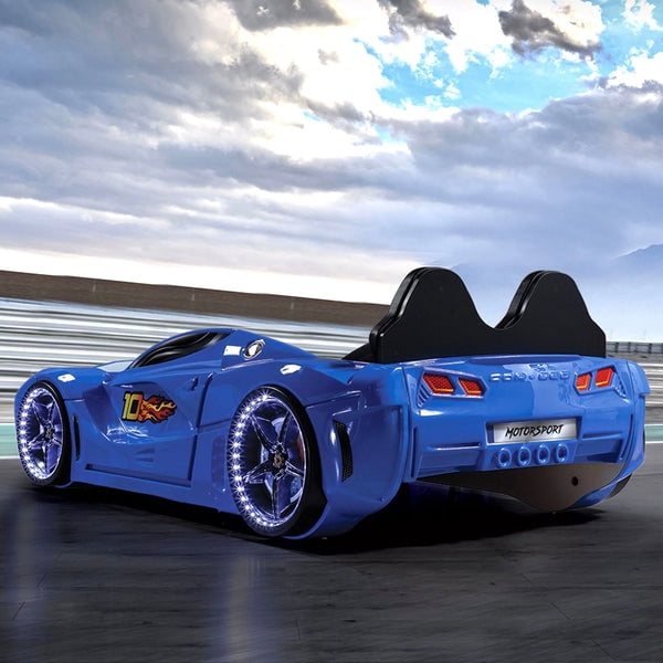 GTM Twin Race Car Bed for Kids with LED Headlights, Sound FX, Remote Control and Realistic Design, Sturdy and Fun Sleep Solution