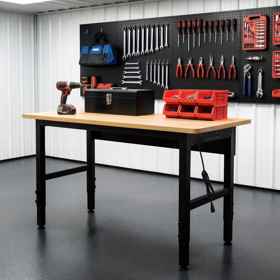 spanspace 48" Adjustable Workbench, 48" L X 24" Hardwood Top Worktable with Power Outlet & Foot Pads for Workshop, Office, Garage, Home