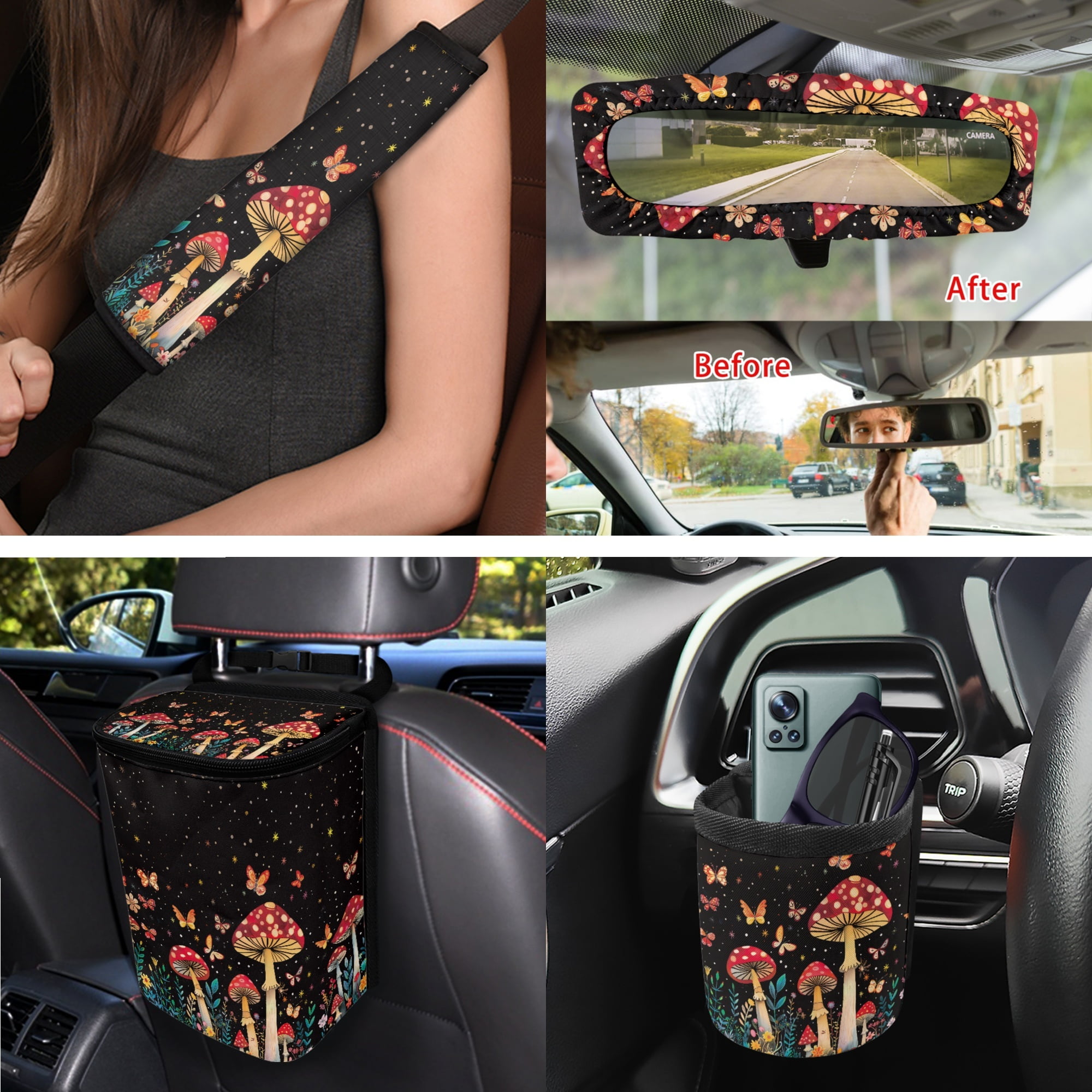 Yuyamidu Aesthetic Mushroom Car Seat Cover Set with Steering Wheel Cover Safe Belt Pads Cup Holder Rear View Mirror Cover Keychain Butterfly Gabage Bin Auto Cup Mat Air Vent Storage Bag 15 Pack