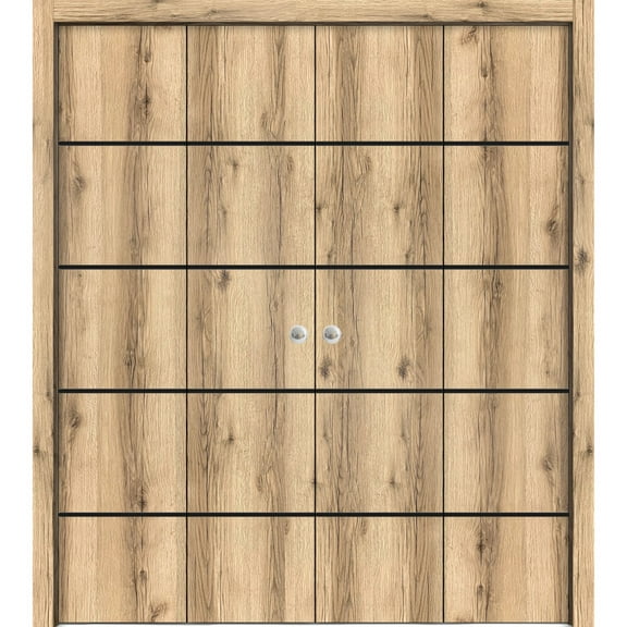 Sliding Closet Double Bi-fold Doors | Planum 0015 Oak with Frosted Glass | Sturdy Tracks Moldings Trims Hardware Set | Wood Solid Bedroom Wardrobe Doors