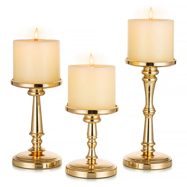 Sziqiqi Pillar Candle Holder Gold Candle Stand for Centerpiece Set of 3